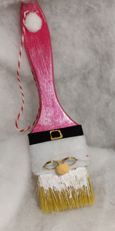 🎄 Décoration de Noël – Lutin Père Noël en pinceau, bonnet rose et barbe blanche